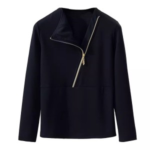 RM23197#斜拉链设计感秋冬长袖黑色打底衫t恤女2023新款小众内搭单穿上衣