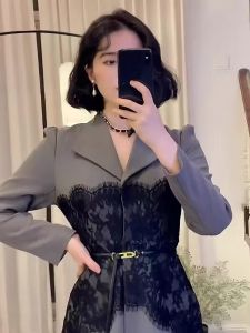 TR53947# 大码女装微胖mm宽松显瘦蕾丝拼接西装连衣裙衬衫长裙子假两件套秋 服装批发女装批发服饰货源
