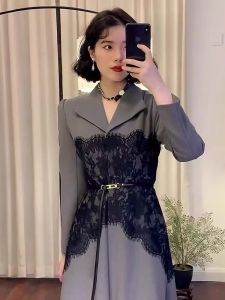 TR53947# 大码女装微胖mm宽松显瘦蕾丝拼接西装连衣裙衬衫长裙子假两件套秋 服装批发女装批发服饰货源