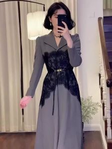 TR53947# 大码女装微胖mm宽松显瘦蕾丝拼接西装连衣裙衬衫长裙子假两件套秋 服装批发女装批发服饰货源