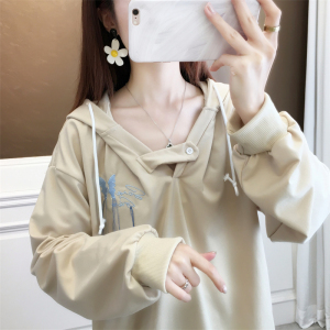 TR54676# 首发鱼鳞后包领连帽V领撞色卫衣女潮薄款刺绣 服装批发服饰货源女装批发