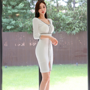 RM23422#新款韩版时尚气质优雅显瘦性感七分袖简约紧身型连衣裙