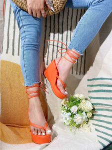 X-30553# 外贸新款坡跟纯色夹脚度假风女凉鞋 橙色、黑色、杏色35-42码 鞋子批发女鞋货源