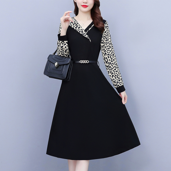 RM23370#大码女装2023秋季新款韩版气质修身显瘦豹纹拼接连衣裙