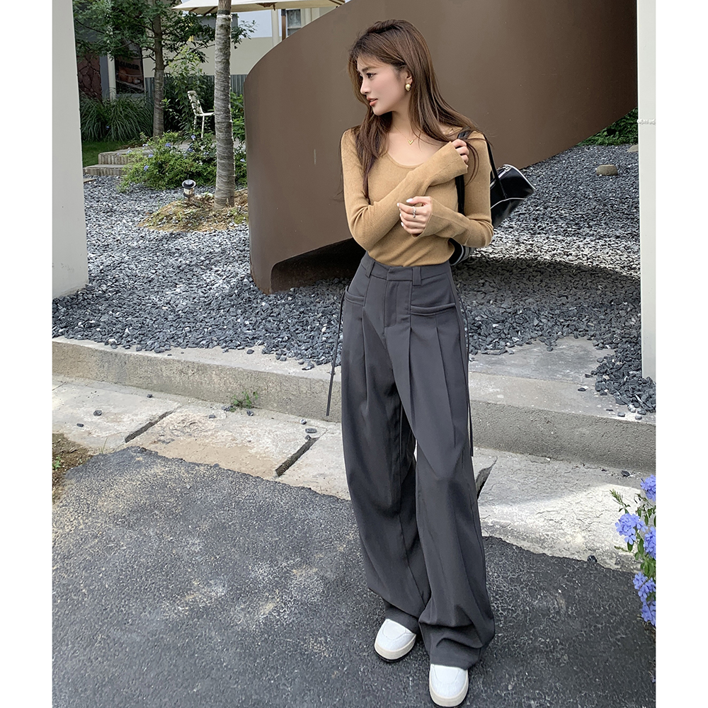 Actual shot of 2024 spring and summer new high-end ribbon suit pants for women high-waisted casual long floor-length wide-leg pants