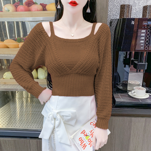 RM23326#长袖设计感毛衣针织衫修身显瘦露肩秋季洋气新款女装上衣甜美