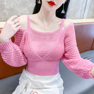 RM23326#长袖设计感毛衣针织衫修身显瘦露肩秋季洋气新款女装上衣甜美