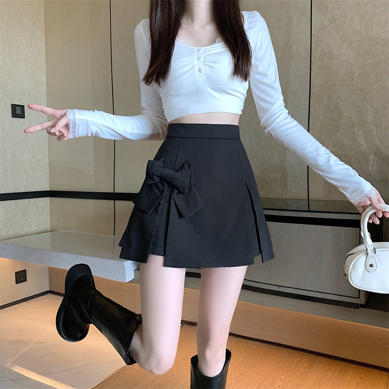 Real shot~Sweet and spicy fashion bow skirt for women, fashionable high waist slit and hip-covering shorts skirt