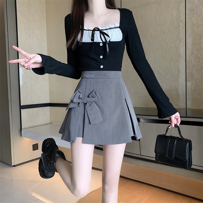 Real shot~Sweet and spicy fashion bow skirt for women, fashionable high waist slit and hip-covering shorts skirt