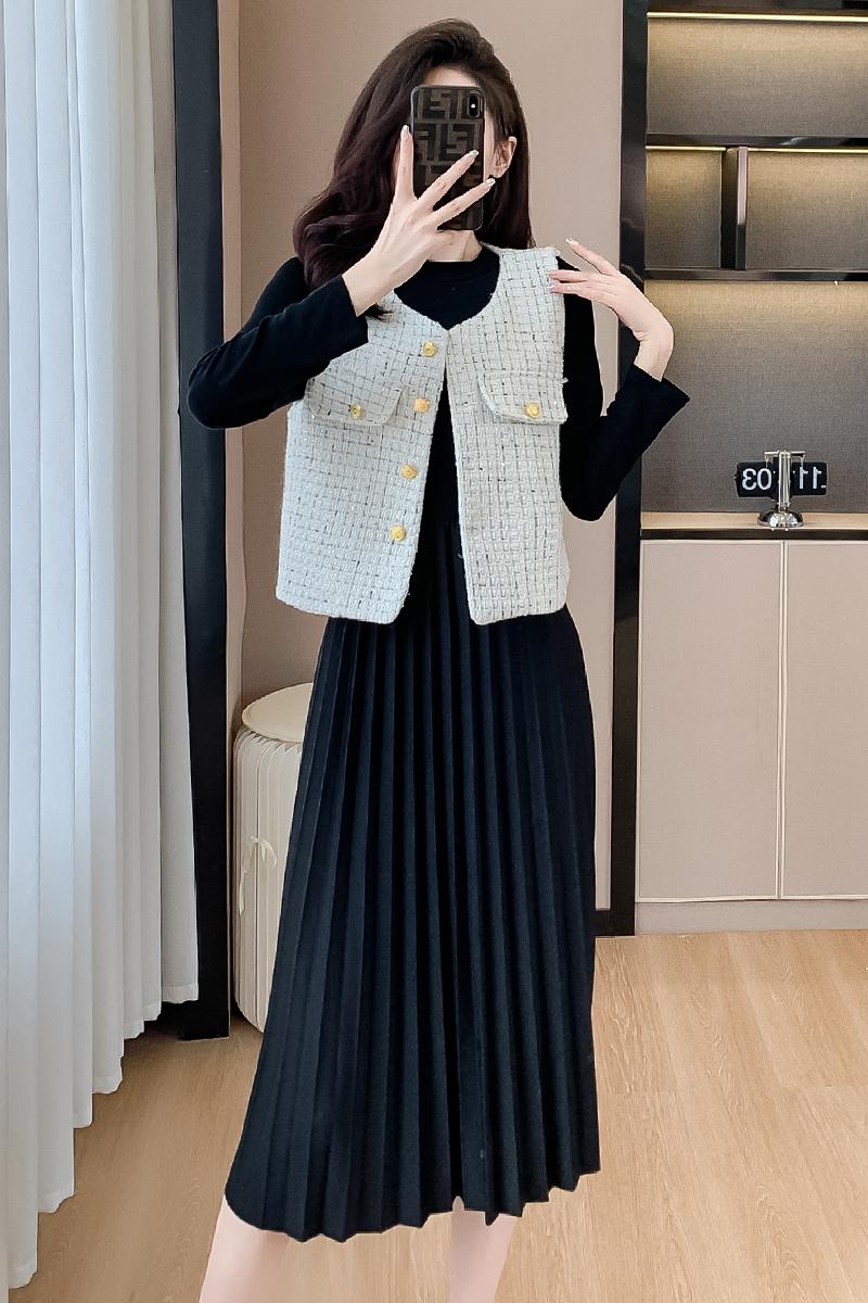 實拍流行連衣裙套裝女秋2023新款法式小香風馬甲長袖百褶裙兩件套