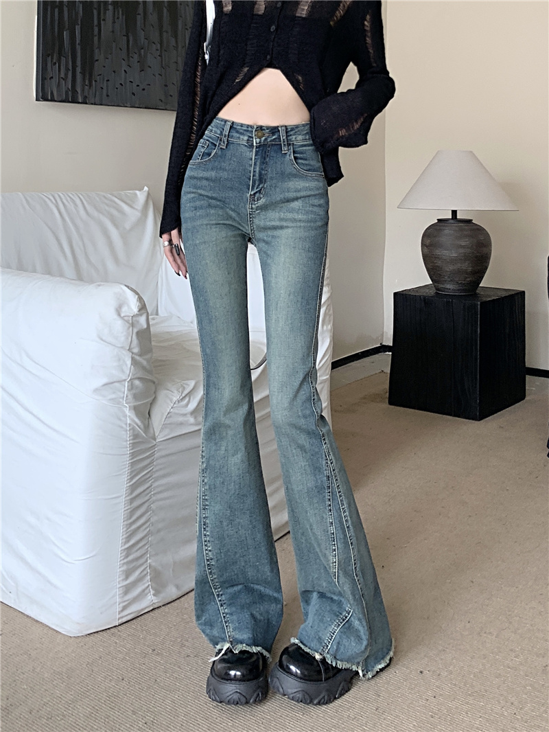 ~New high-waisted slim fit retro raw edge bootcut denim trousers