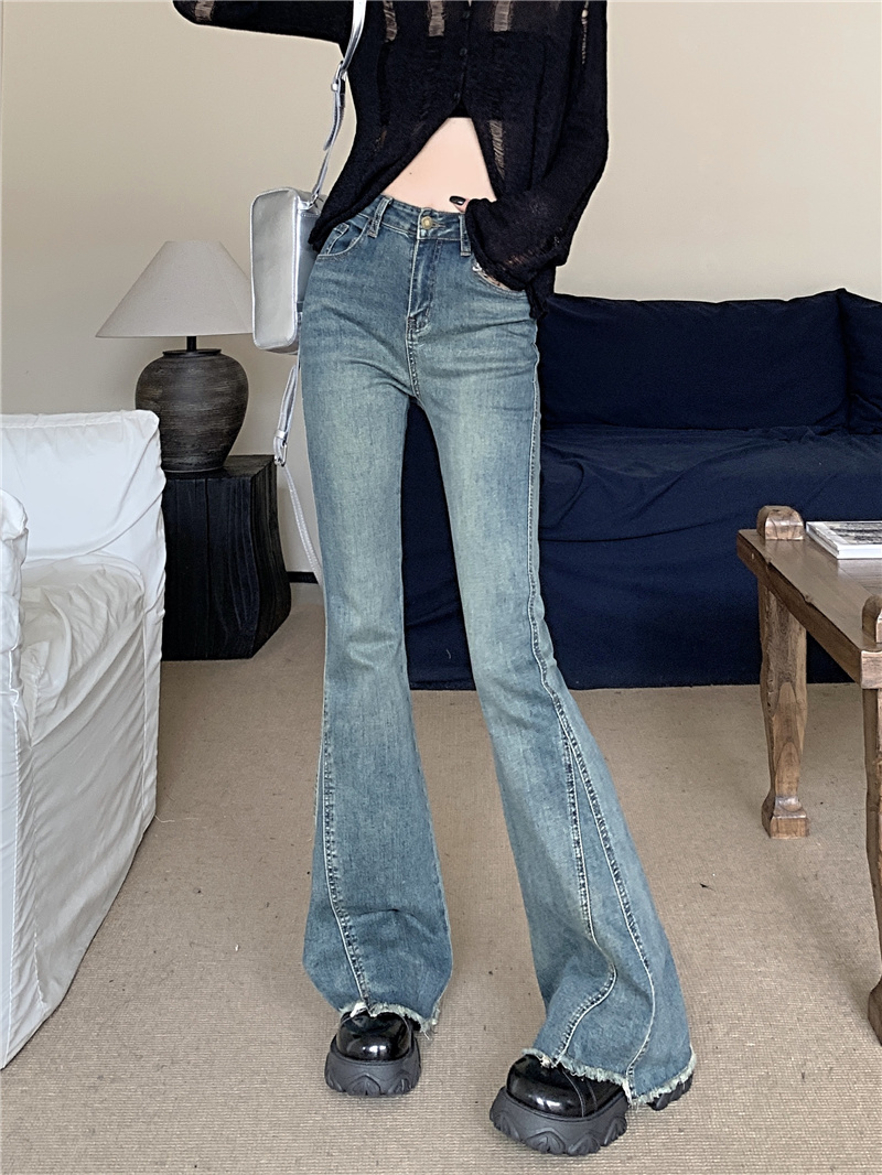 ~New high-waisted slim fit retro raw edge bootcut denim trousers