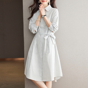 RM23382#韩国chic秋季衬衣领单排扣气质中长裙系带收腰长袖条纹连衣裙