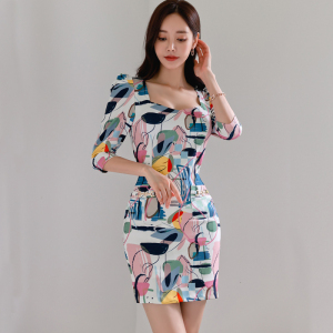 RM23421#新款韩版时尚气质优雅小清新方领中袖短裙甜美印花连衣裙