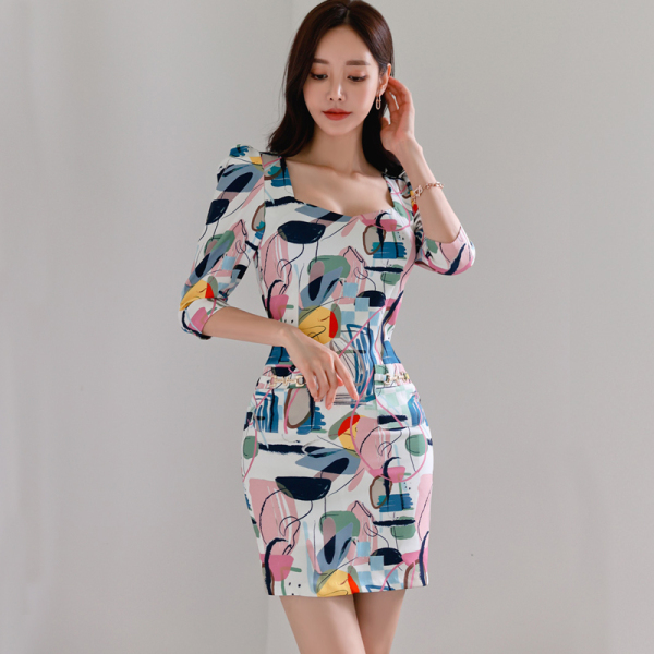 RM23421#新款韩版时尚气质优雅小清新方领中袖短裙甜美印花连衣裙