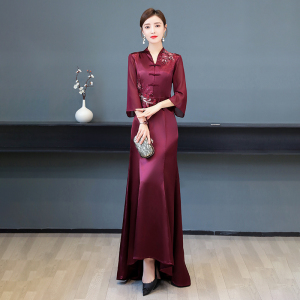 RM24337#中国风复古中式旗袍盘扣礼服婚宴喜婆婆妈妈装显瘦拼接连衣裙