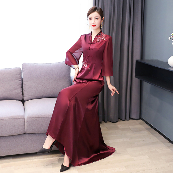 RM24337#中国风复古中式旗袍盘扣礼服婚宴喜婆婆妈妈装显瘦拼接连衣裙