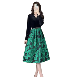 RM23757#拼色长袖V领连衣裙高贵洋气设计感2023秋装新款显瘦中长裙子