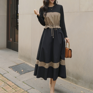 RM23507#韩版大码女装长袖圆领针织拼色大摆连衣裙束腰修身假两件打底长裙