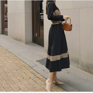 RM23507#韩版大码女装长袖圆领针织拼色大摆连衣裙束腰修身假两件打底长裙