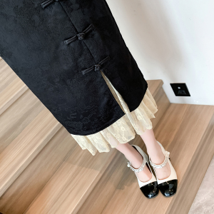 RM25147#复古新中式国风提花半身裙女2023秋季新款黑色高腰长裙