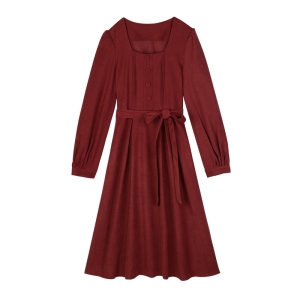 RM23512#红色连衣裙女长袖秋季2023新款方领收腰显瘦复古法式高级感裙