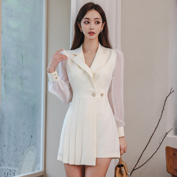 RM23448#韩版气质新款修身西装领拼接收腰压褶包臀时尚连衣裙