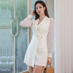 RM23448#韩版气质新款修身西装领拼接收腰压褶包臀时尚连衣裙
