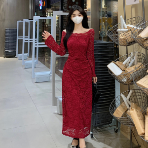 RM24816#大码2023女装新款酒红色蕾丝抽褶显瘦连衣裙性感长裙平时可穿