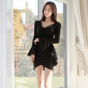 RM23420#新款韩版时尚气质优雅显瘦性感深V领淑女简约长袖连衣裙