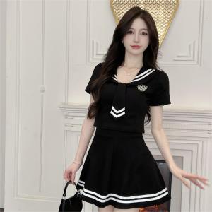 Striped Spliced Navy Collar Lapel Uniform Work Dress Two Piece Set