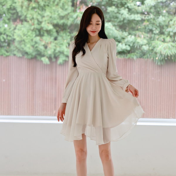 RM23419#新款韩版简约时尚气质甜美X型长袖V领雪纺纯色连衣裙