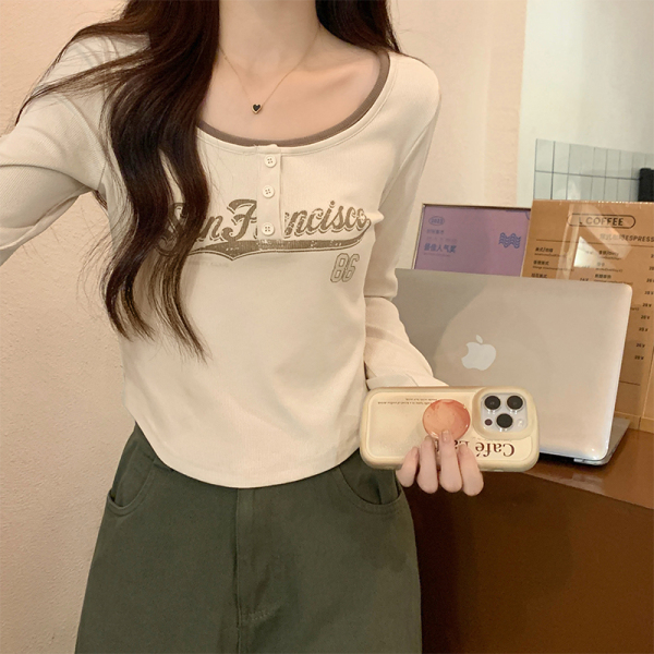 RM23553#假两件撞色拼接长袖t恤女春秋季设计感印花修身短款上衣