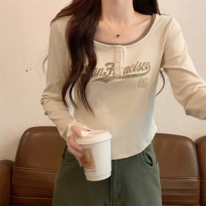 RM23553#假两件撞色拼接长袖t恤女春秋季设计感印花修身短款上衣