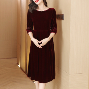 RM24431#真丝丝绒连衣裙气质时尚高端优雅中长裙红