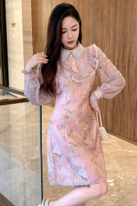 TR56141# 小香风秋季气质提花娃娃领收腰显瘦粉色连衣裙 服装批发女装批发服饰货源