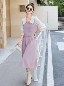 RM23672#休闲时尚套装女拼接两件套法式小香风方领洋气裙