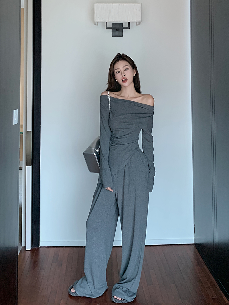 Real shot of casual suit for hot girls, irregular long-sleeved top, high-waisted slimming wide-leg pants two-piece set 2409