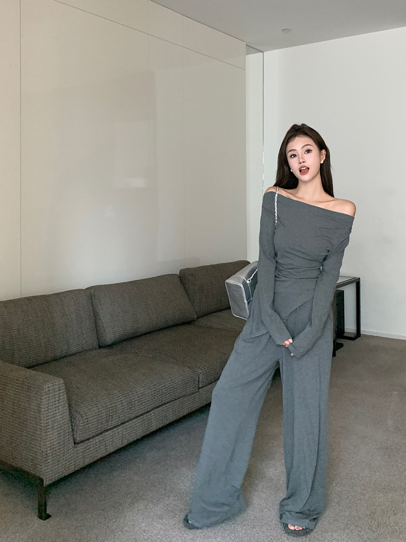 Real shot of casual suit for hot girls, irregular long-sleeved top, high-waisted slimming wide-leg pants two-piece set 2409
