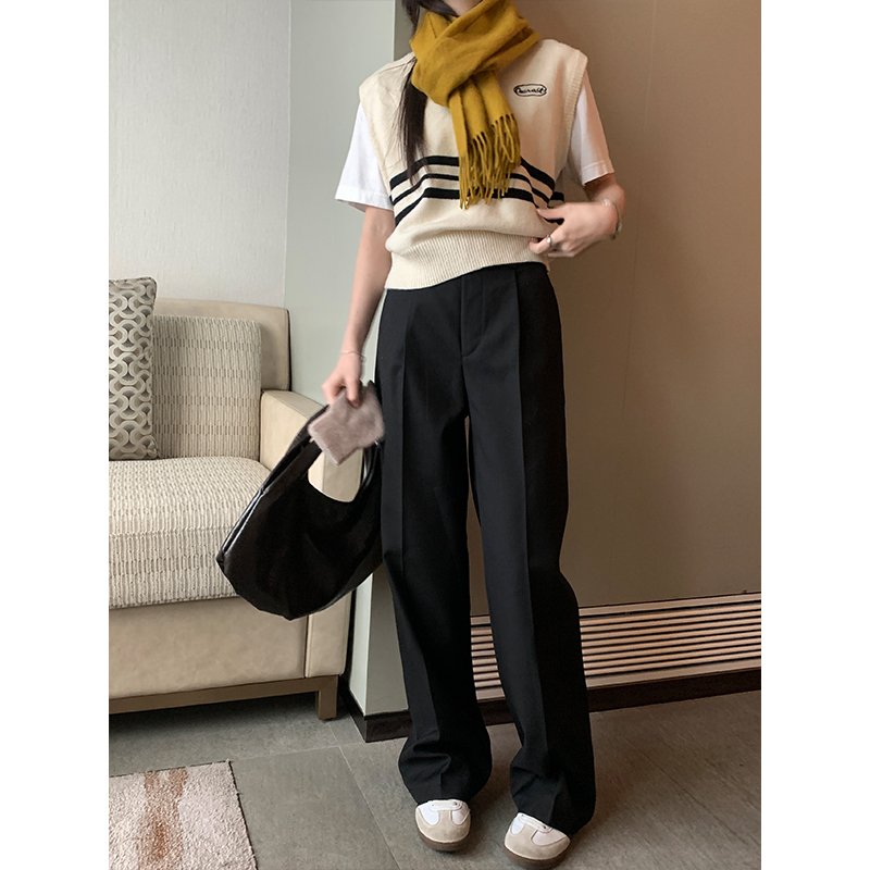 Real shot of British style trousers 2024 spring design, cuffable two-wear straight wide-leg casual pants for women