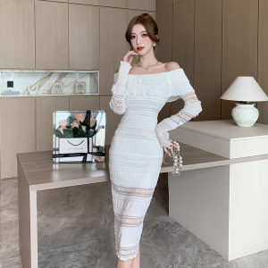 RM23868#一字肩性感白色连衣裙女2023秋季新款高级感气质仙女长裙子