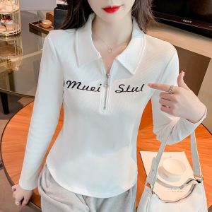 RM23586#时尚拉链POLO衫春秋装新款中年人修身显瘦纯色长袖卫衣女士