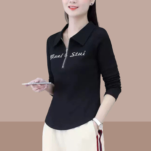 RM23586#时尚拉链POLO衫春秋装新款中年人修身显瘦纯色长袖卫衣女士