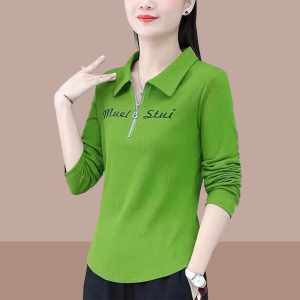 RM23586#时尚拉链POLO衫春秋装新款中年人修身显瘦纯色长袖卫衣女士
