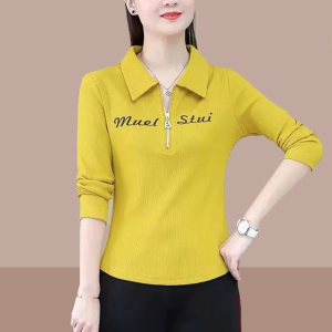 RM23586#时尚拉链POLO衫春秋装新款中年人修身显瘦纯色长袖卫衣女士