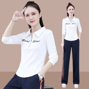 RM23586#时尚拉链POLO衫春秋装新款中年人修身显瘦纯色长袖卫衣女士