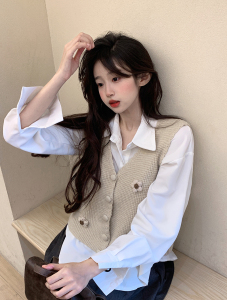 TR54508# 韩版甜美无袖短款针织马甲+衬衫 服装批发服饰货源女装批发