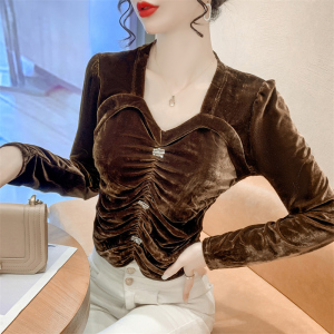 RM23696#金丝绒方领泡泡袖衬衫女欧洲站2023秋季新款百搭修身显瘦气质上衣