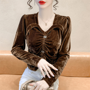 RM23696#金丝绒方领泡泡袖衬衫女欧洲站2023秋季新款百搭修身显瘦气质上衣