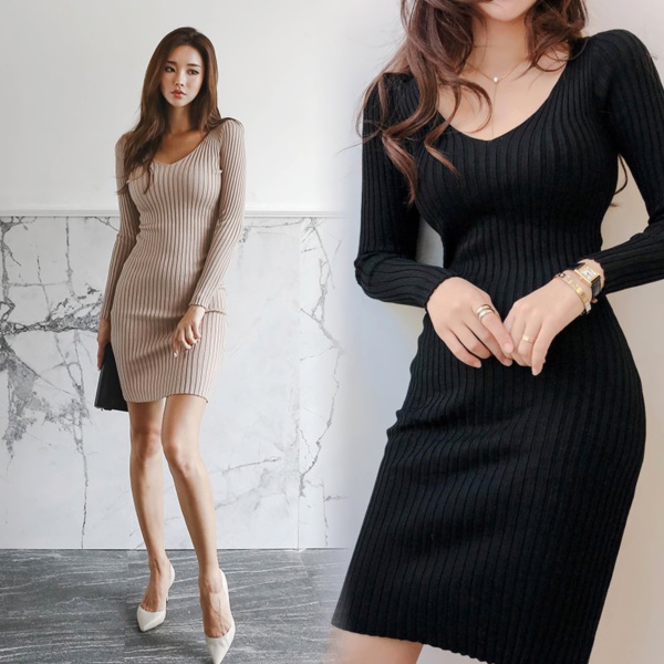 RM23611#新款韩版性感V领修身显瘦包臀针织连衣裙女长袖打底短裙